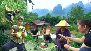 Harvesting bamboo shoots. Give boiled corn to the lonely granny. Forest life skills