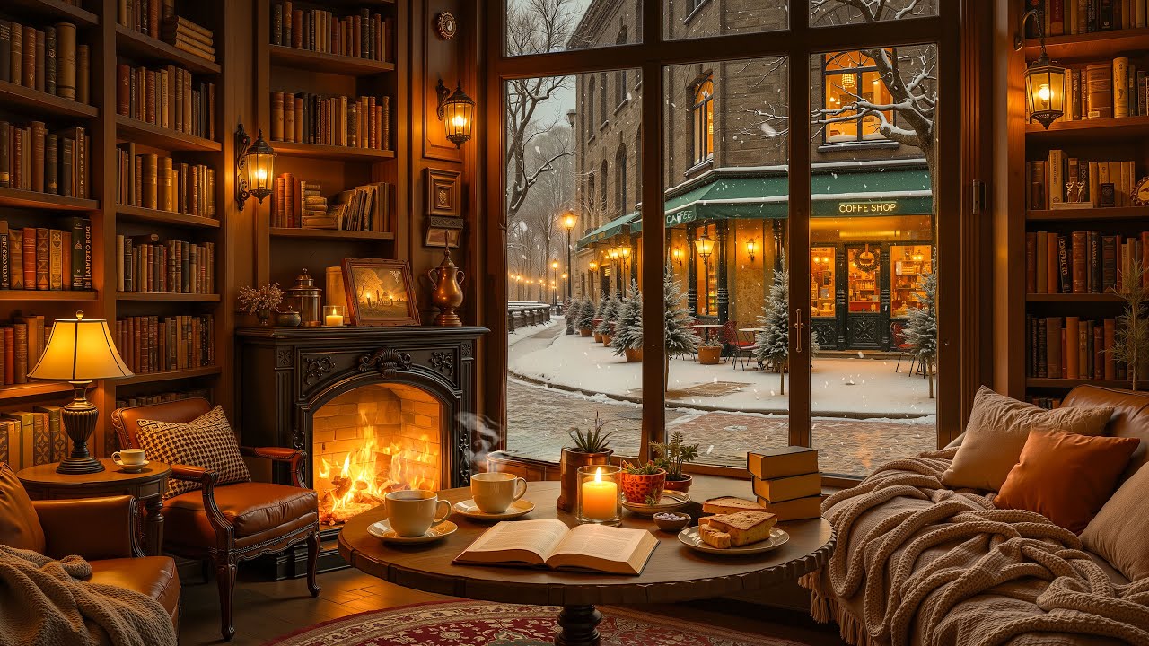 Calm Winter Café by the Fireplace ❄️ Relaxing Jazz Ambience & Crackling Fireplace for Focus & Study
