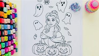 Coloring Belle🔥DisneyPrincess Characters Halloween Party Coloring Page! 🎃 Ohuhu Markers 