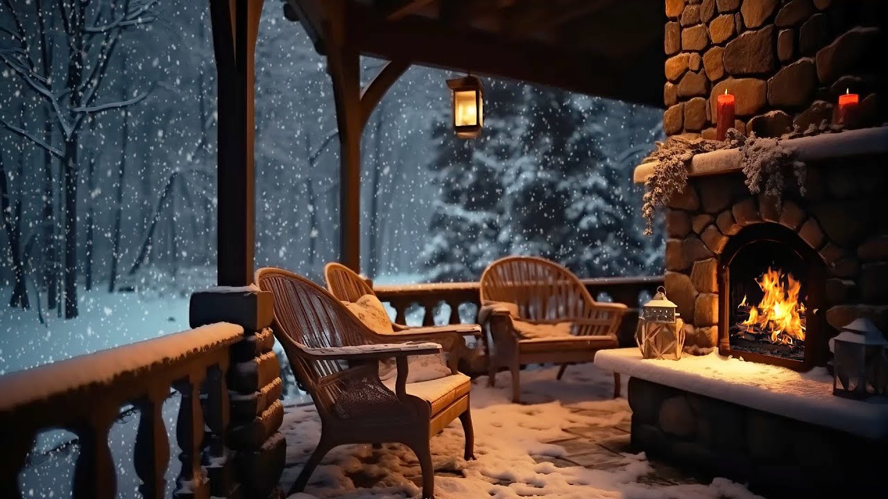 Winter Cozy Porch Ambience with Beautiful Relaxing Music and Falling Snow  for Relaxation or Sleep 