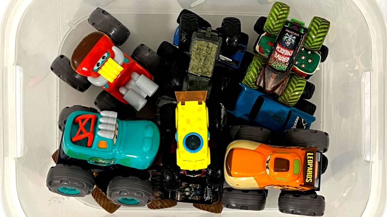 Check Out the Monster Trucks in the Box and Watch Them Race on the Track