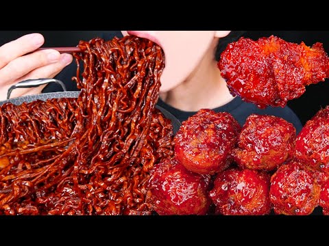 ASMR SPICY BBQ FRIED CHICKEN BLACK BEAN NOODLES NUCLEAR FIRE SAUCE MUKBANG 치킨 먹방チキン 咀嚼音EATING SOUNDS