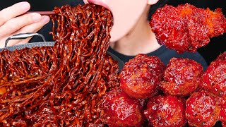 ASMR SPICY BBQ FRIED CHICKEN BLACK BEAN NOODLES NUCLEAR FIRE SAUCE MUKBANG 치킨 먹방チキン 咀嚼音EATING SOUNDS