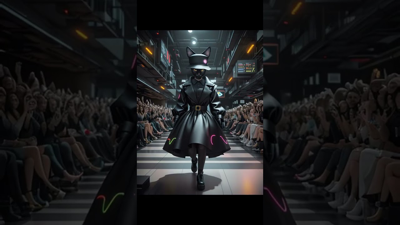 3D animation. Futuristic Video: Supermodel black cat on runway in black dress! 