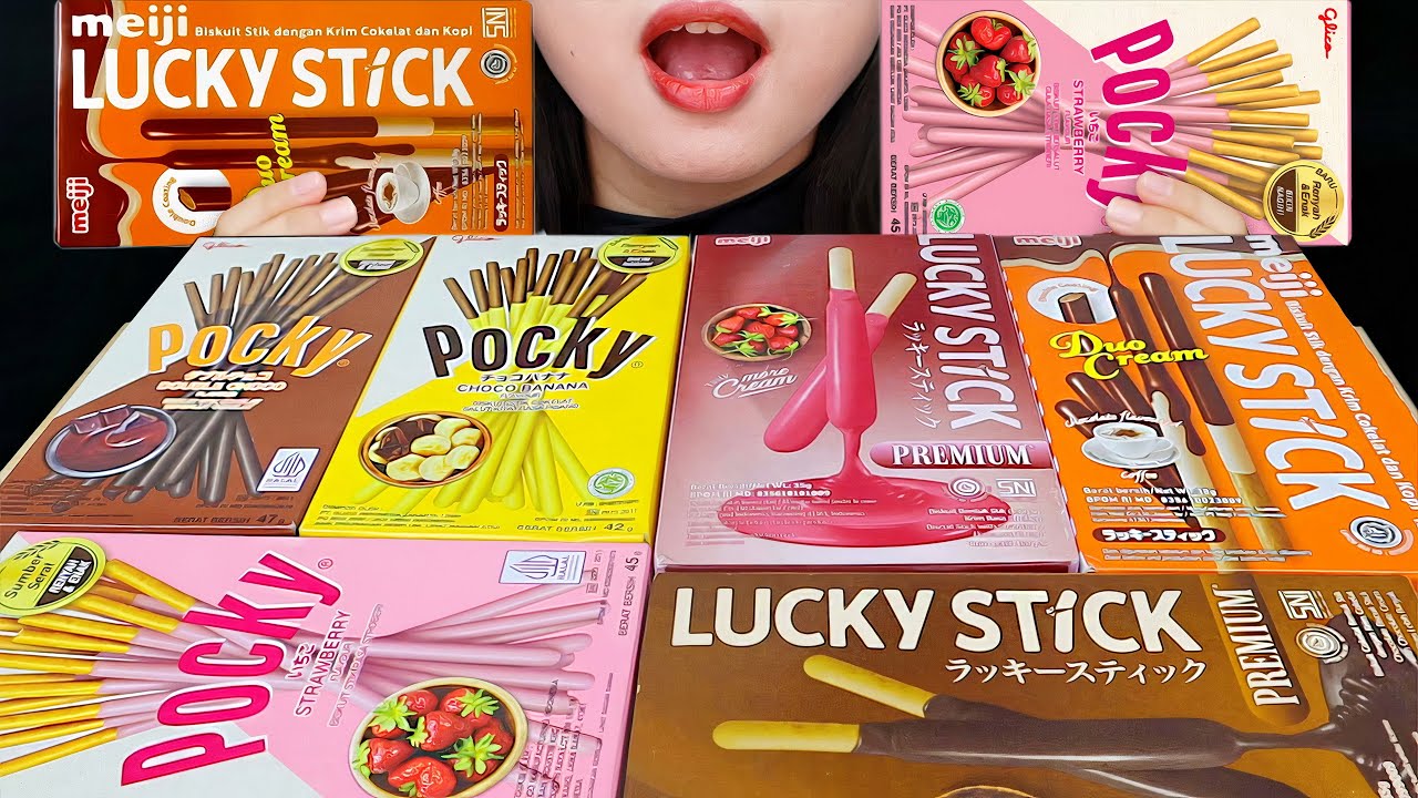 ASMR POCKY CHOCOLATE STICK VS MEIJI LUCKY STICK 🍫 POCKY STRAWBERRY, CHOCO BANANA, DOUBLE