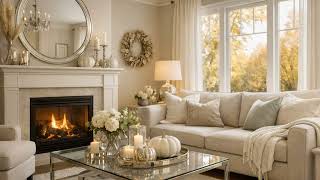 Elegant Neutral Autumn Living Room | Fireplace Crackling Ambience | Cozy Fall Decor | 3 Hours