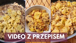 Tortellini w sosie pieczarkowym i karmelizowaną cebulką.