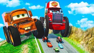 Big Tow Mater with Big Wheels vs Mack Truck with Big Wheels vs DOWN OF DEATH in BeamNG Drive