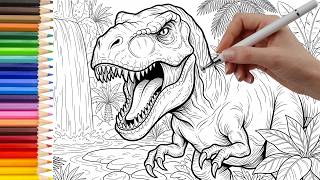 Satisfying T-Rex Coloring in Lush Jungle Setting COLORING PAGE Waterfall and Palm Trees