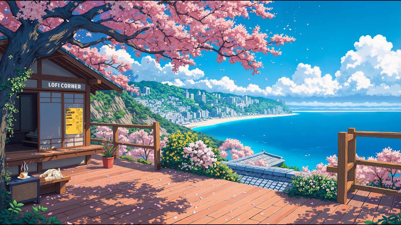 Aesthetic Spring Morning 🌸 Ocean View Cafe for Relaxing Days ☕ Lofi Hip Hop to Chill, Study