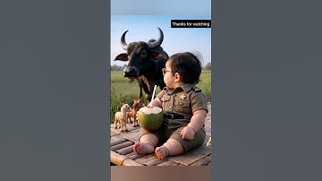 The baby is drinking coconut water and the buffalo is chasing her #cute #cutebaby #police #funny