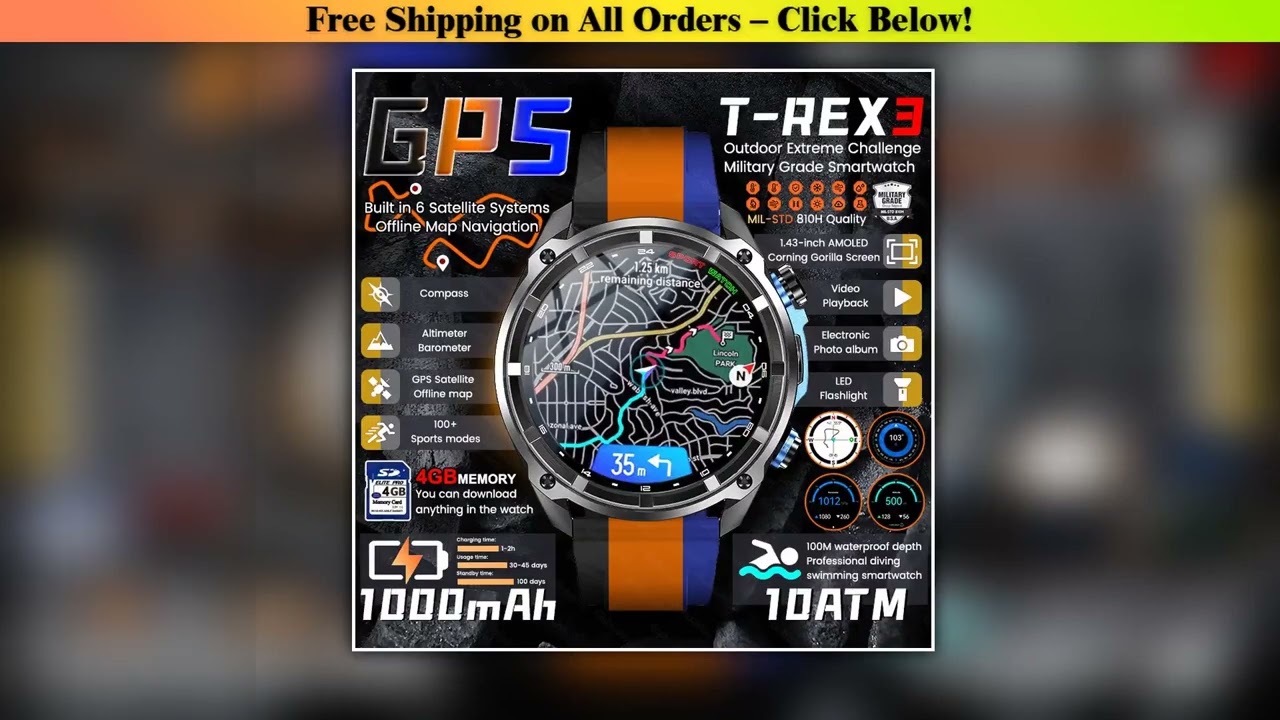 2025New Men Military GPS Map Smart Watch T-Rex3 Compass 4GB Memory 1000mAh Battery 10ATM