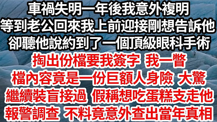 車禍失明一年我意外複明，老公回來我剛想告訴他，卻聽他說約到了頂級眼科手術，掏出份檔要我簽字 我一瞥，竟是份巨額人身險 大驚，繼續裝盲接過 稱想吃蛋糕支走他，報警調查 不料竟查出當年真相【倫理】