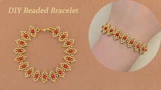 DIY Beaded Bracelet with Gold Seed Beads and Red Coral Pearls. How to Make Beaded Jewelry. 手工制作串珠手链