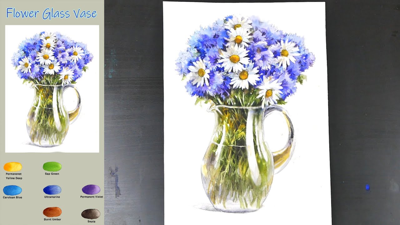 Натюрморт акварель -  Цветок  Стеклянная ваза  (эскиз и  название цвета,  акварельный материал)