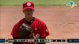 20140731-1 爆米花 綺麗vs合庫 6下 黃子鵬漏了這麼一下，就讓陳昱仁趁機攻佔一壘