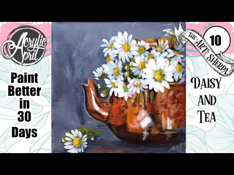 Daisy and Copper Tea Kettle  Easy Acrylic Tutorial Step by Step Day 10   #AcrylicApril2022