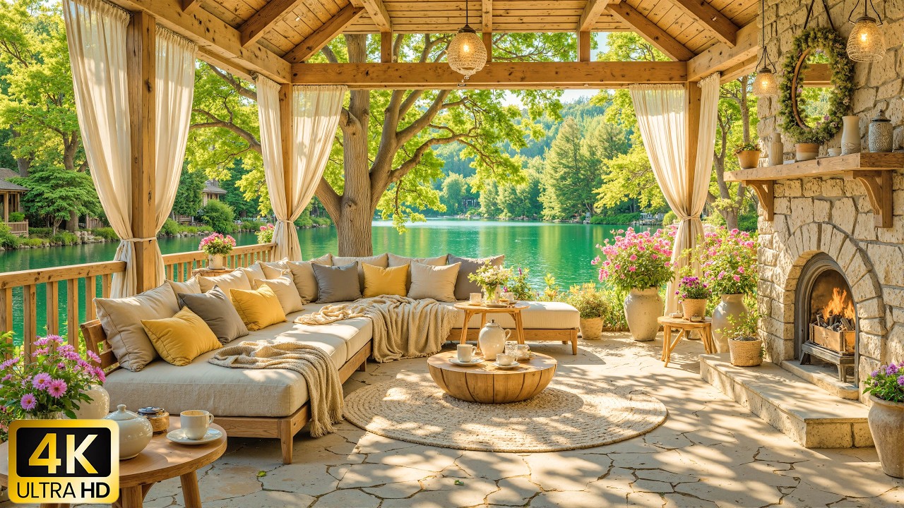 Утреннее наслаждение фортепианной музыкой в ​​домике на берегу реки | Уютная весенняя атмосфера со з