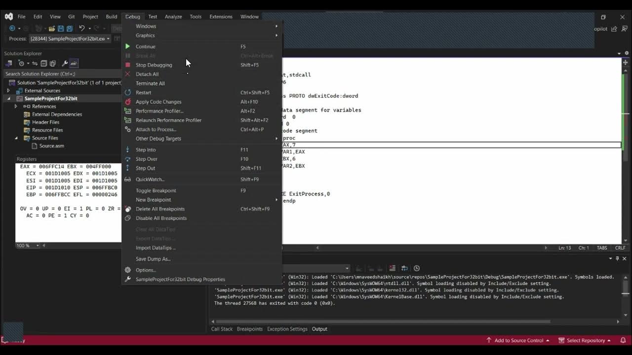 How to use variables in x86 assembly and visualize them in Visual ...