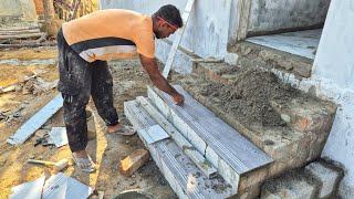 Staircase Construction of Entrance Door Tile Installation Accurately with Cement Mixer