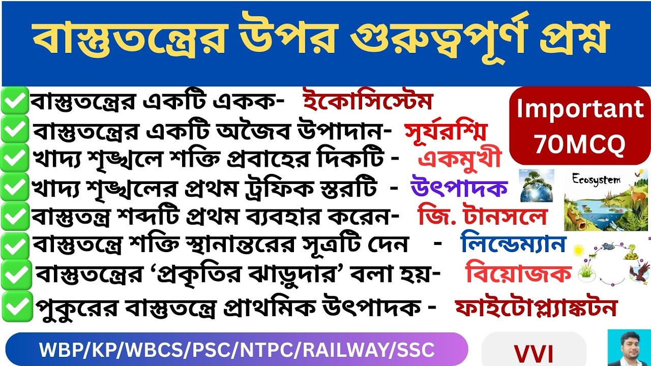 বাস্তুতন্ত্রের উপর গুরুত্বপূর্ণ প্রশ্ন 🔥ll  Important Question of Eco system 🔥