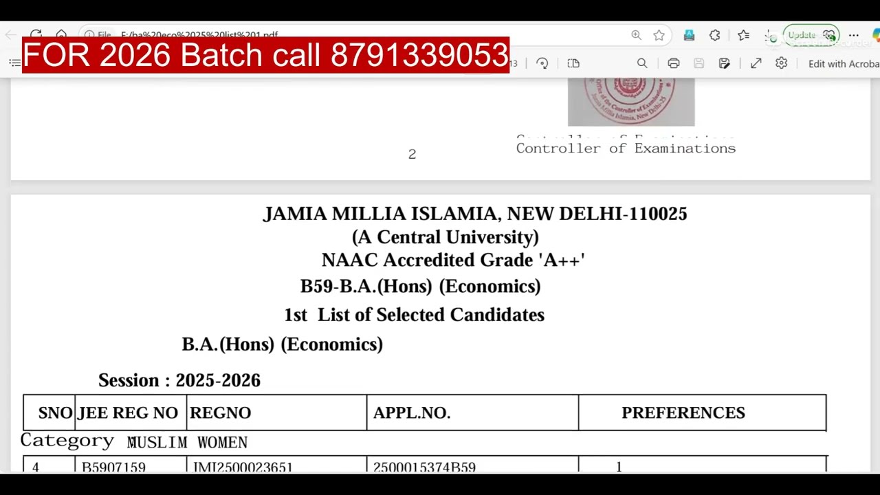 list 1 JMI BA Economics cut off 2025 I jamia ba economics result 2025