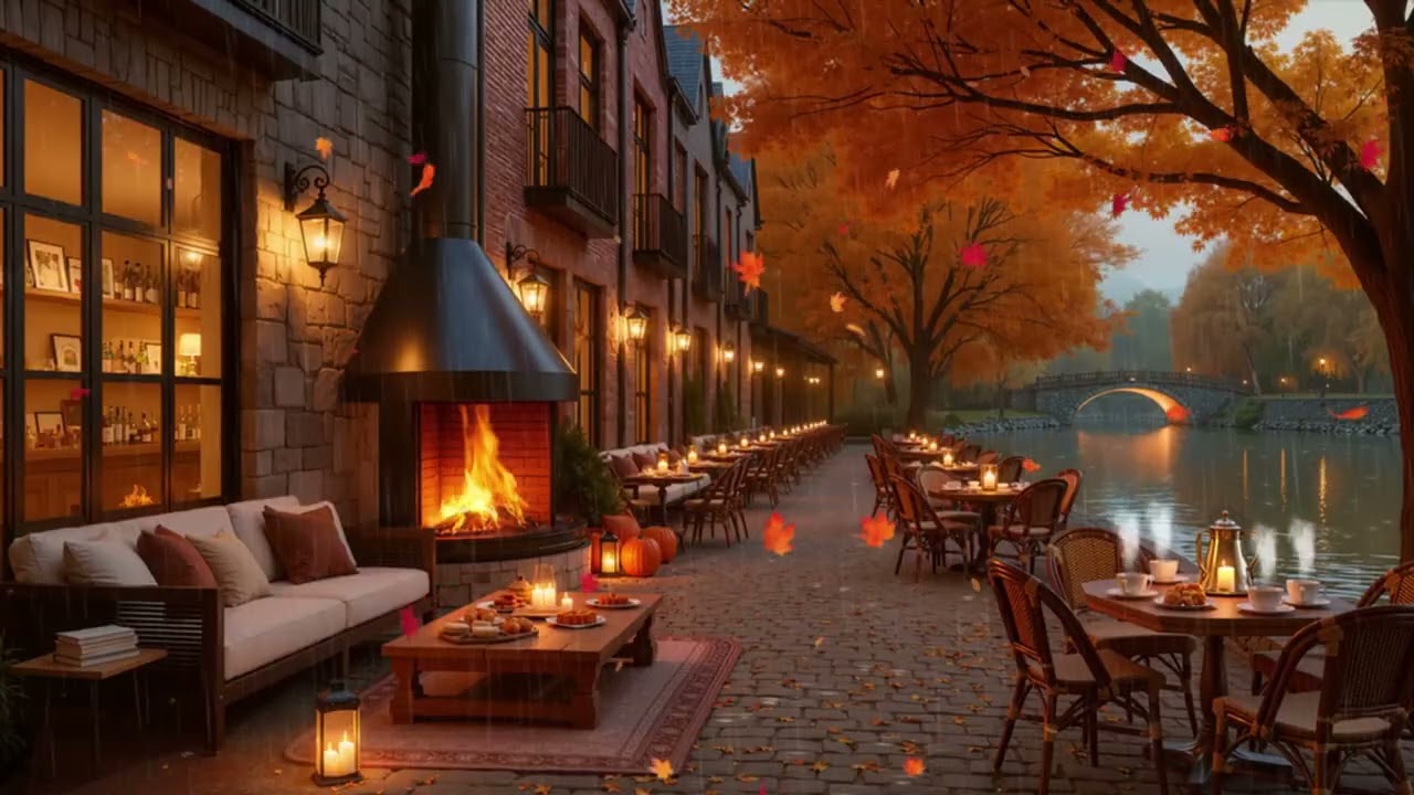 Autumn Lake Café Ambience 🎹 Piano Music and Warm Firelight for Work, Study & Sleep