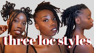 petal buns, a side updo & barrel rolls (half up, half down) on thick, medium length locs | FRMEECH