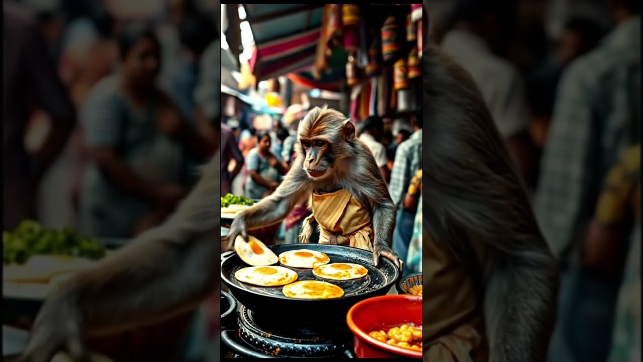 Monkey as assistant making dosa on hotel