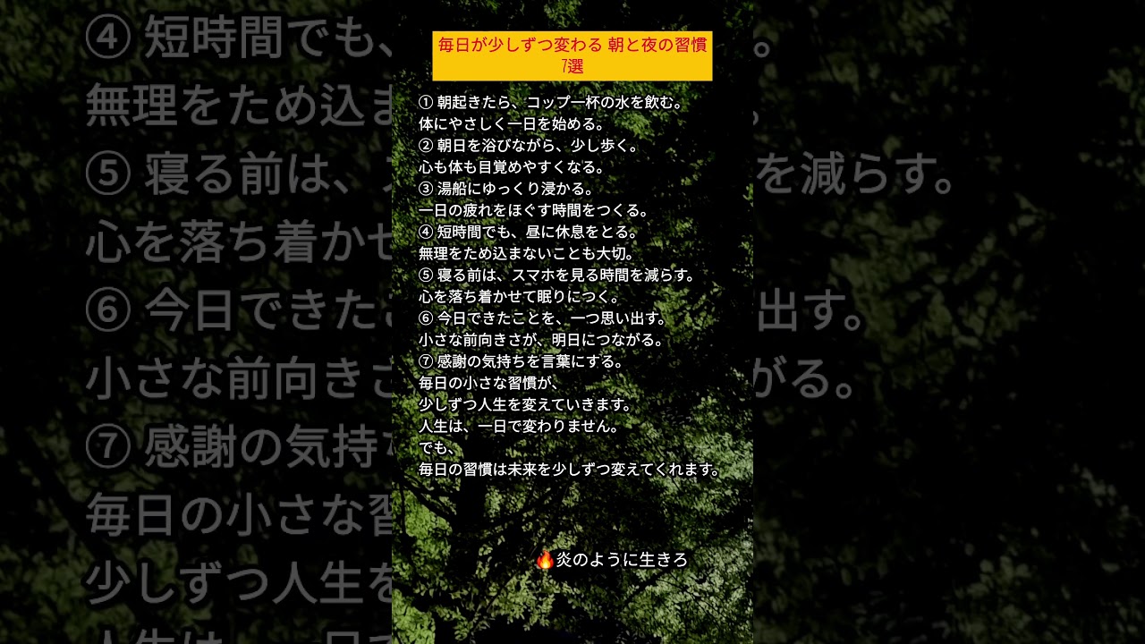毎日が少しずつ変わる 朝と夜の習慣 7選#名言#人生#人生の教訓#心に響く言葉#シニア#老後#自己啓発#生き方#幸せ#炎のように生きて