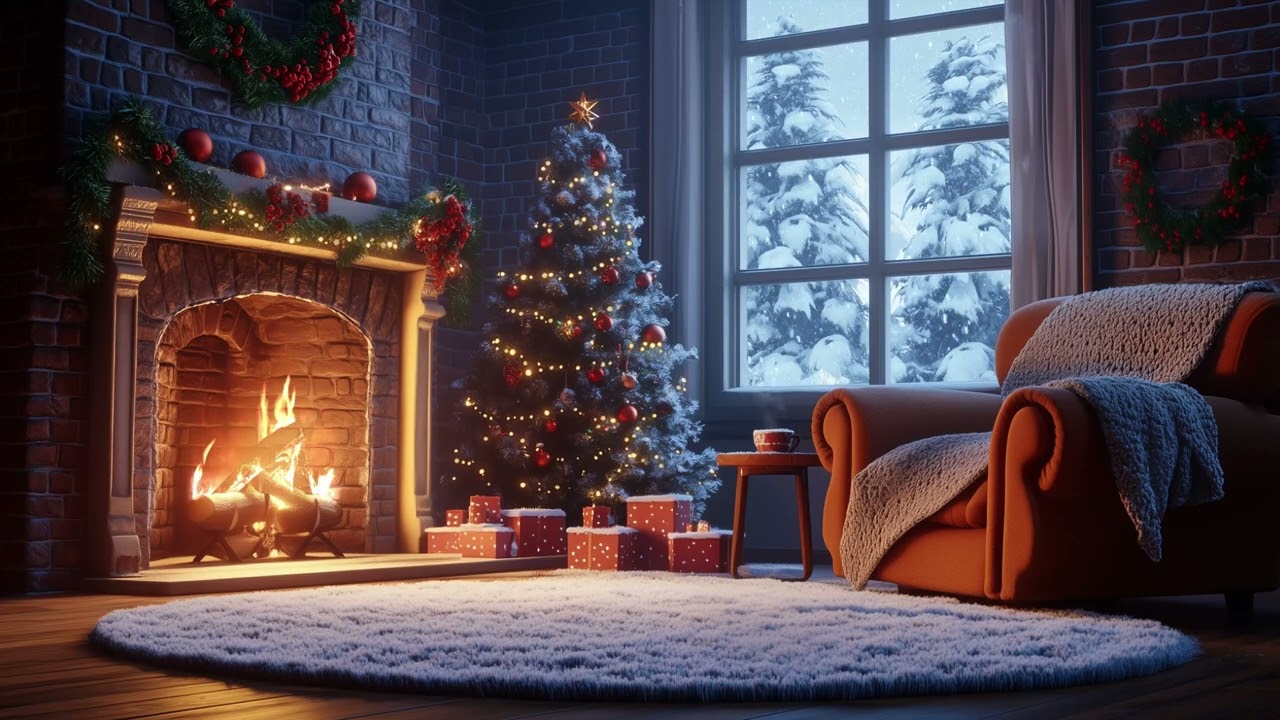 Cozy Christmas Fireplace 🎄🔥 | Warm Room, Falling Snow & Crackling Fire Sounds (2 Hours)