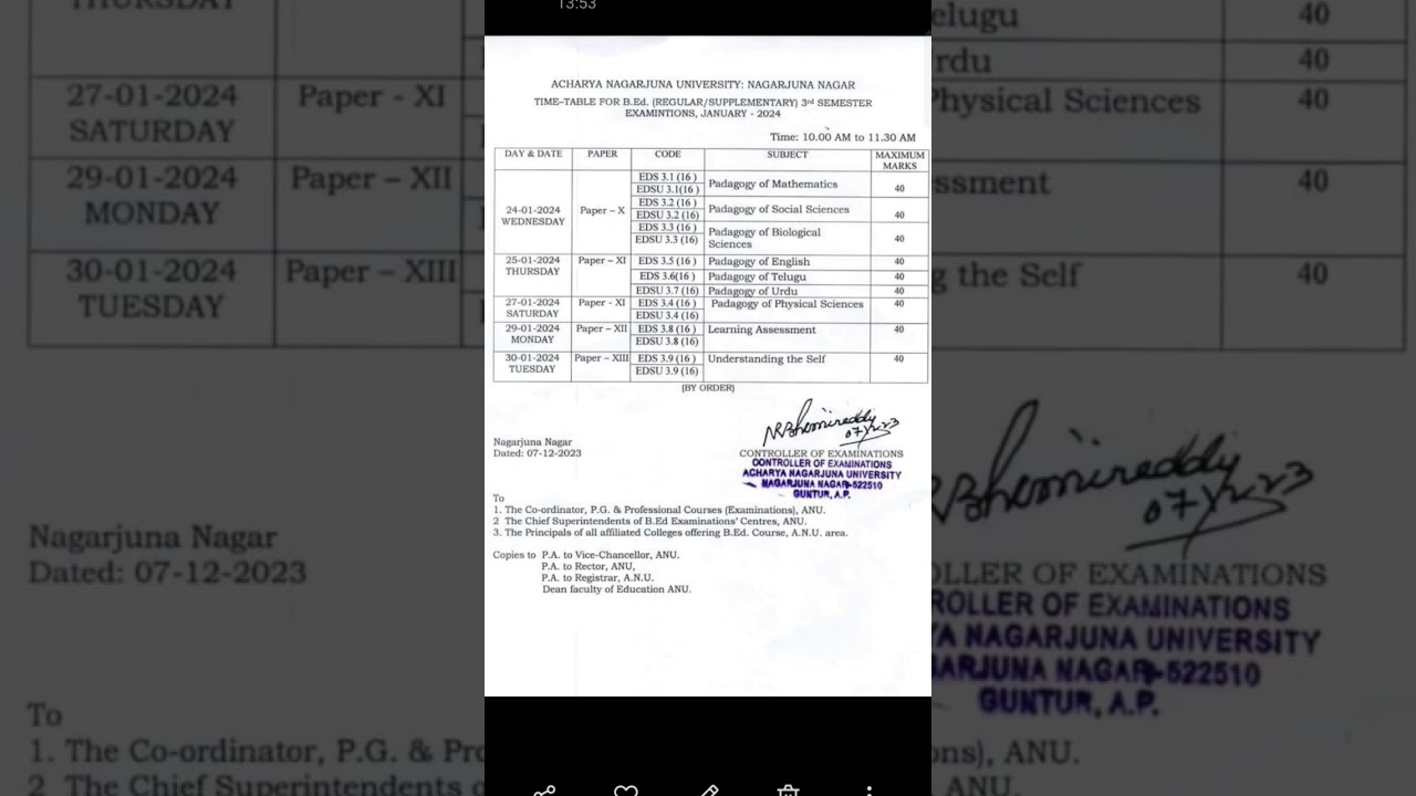 bed 3rd sem exam of ANU notice revised 