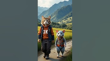the cat and mouse are walking in the rice fields #ai #cute #cat #mouse #funny