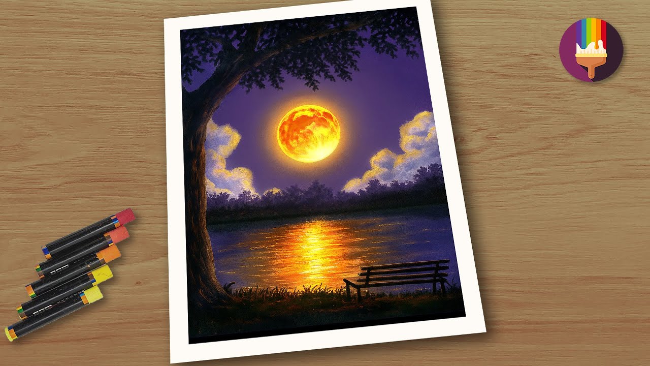 Blood Moon Reflections on Water Oil Pastel Tutorial | Step by Step ...