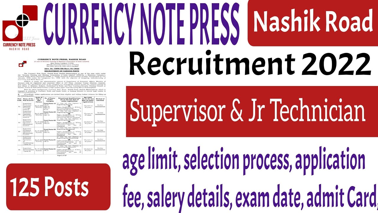 Currency Note Press Nashik Recruitment 2022| currency Note Press Nashik recruitment notification out