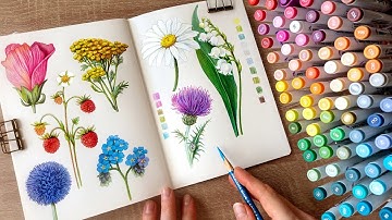 Drawing Botanical illustrations with 90 Acrylic Markers set🌹/ no music