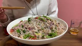 [日常][夜ご飯]ひき肉大盛りのヤムウンセン!タイの春雨サラダを食べる!唐揚げも食べる!