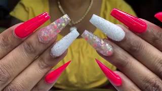 Acrylic Coffin Shape Pink And White Colors | Nails Tutorial |