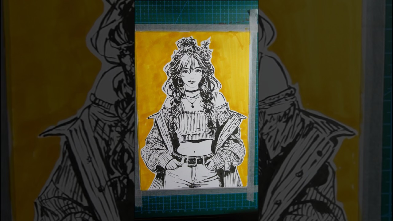 “Stylish Ink Portrait: Bold Lines with a Vibrant Background”