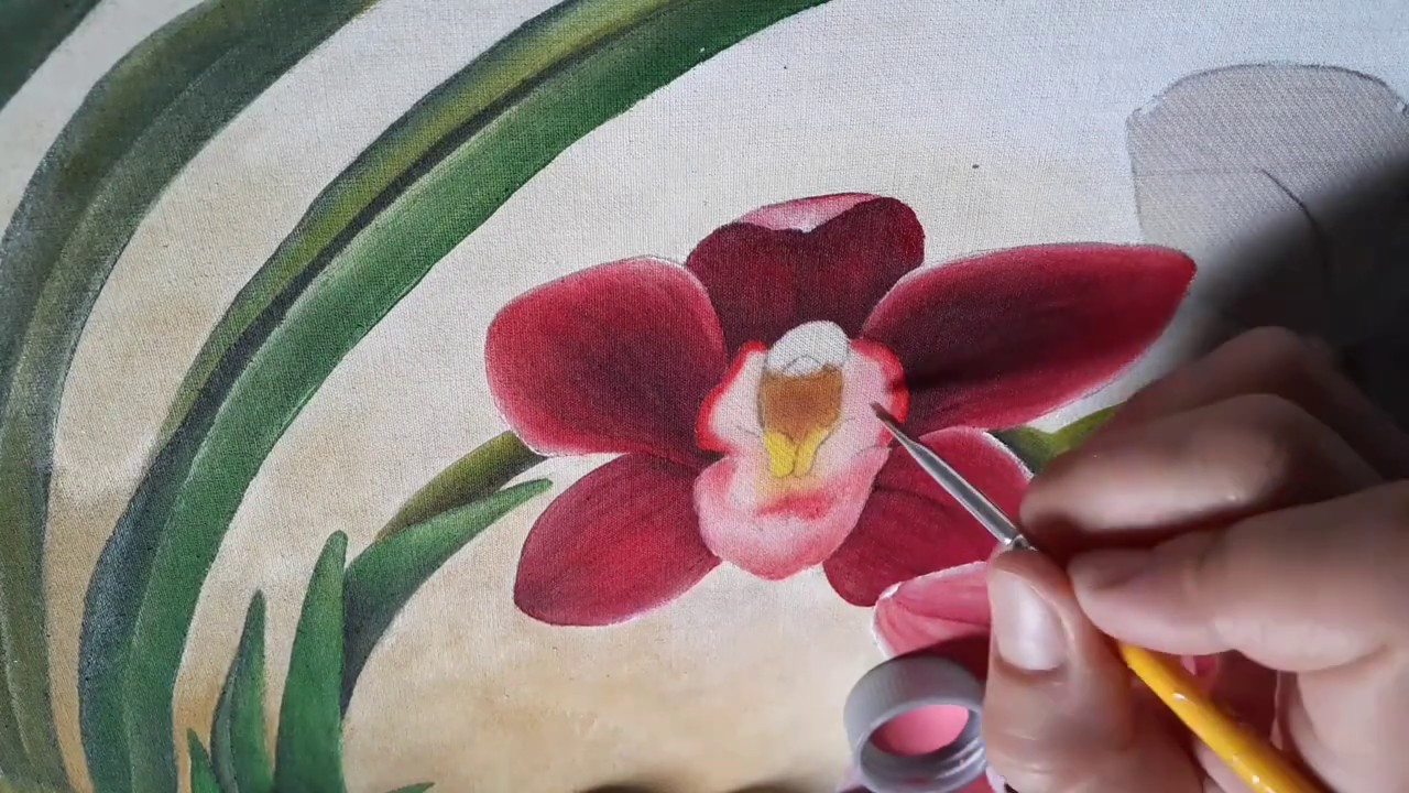 Pintura de orquídea vermelha em tecido