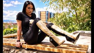 Two-Tone Knee-High Boots | Glossy Outdoor Fashion Look Guide