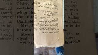 lady jumps from burning building, gets hurt and asks for her lipstick.1940s news story.
