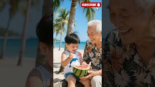 The weather is hot, the baby feeds grandpa sweet watermelon#cute #grandparents