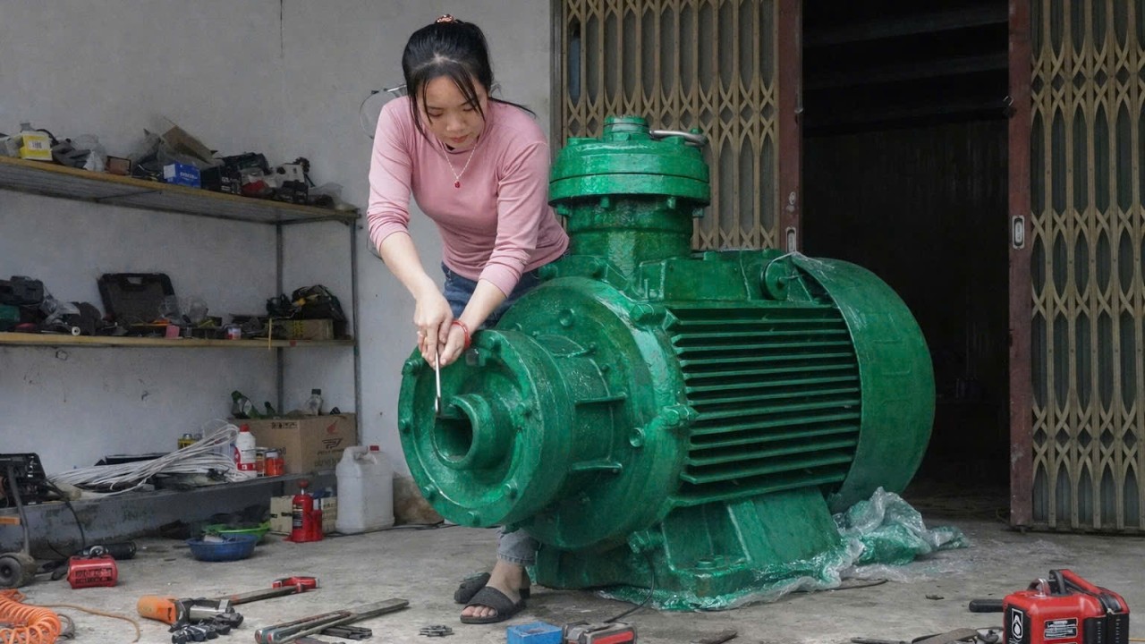 The girl repaired an old, broken water pump that ran on 220 volts and had high power.