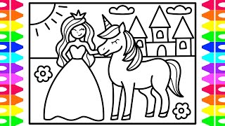 How to Draw a Princess and Unicorn for Kids 👑🦄💜💚💛💗 Mermaid and Unicorn Drawing and Coloring Pages