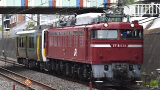 【久留里線キハE130系 KY出場配給】国鉄EF81形134号機＋キハE130系100番台ﾏﾘ109編成が東浦和駅2番線を通過するシーン（配8345レ）2023.4.12