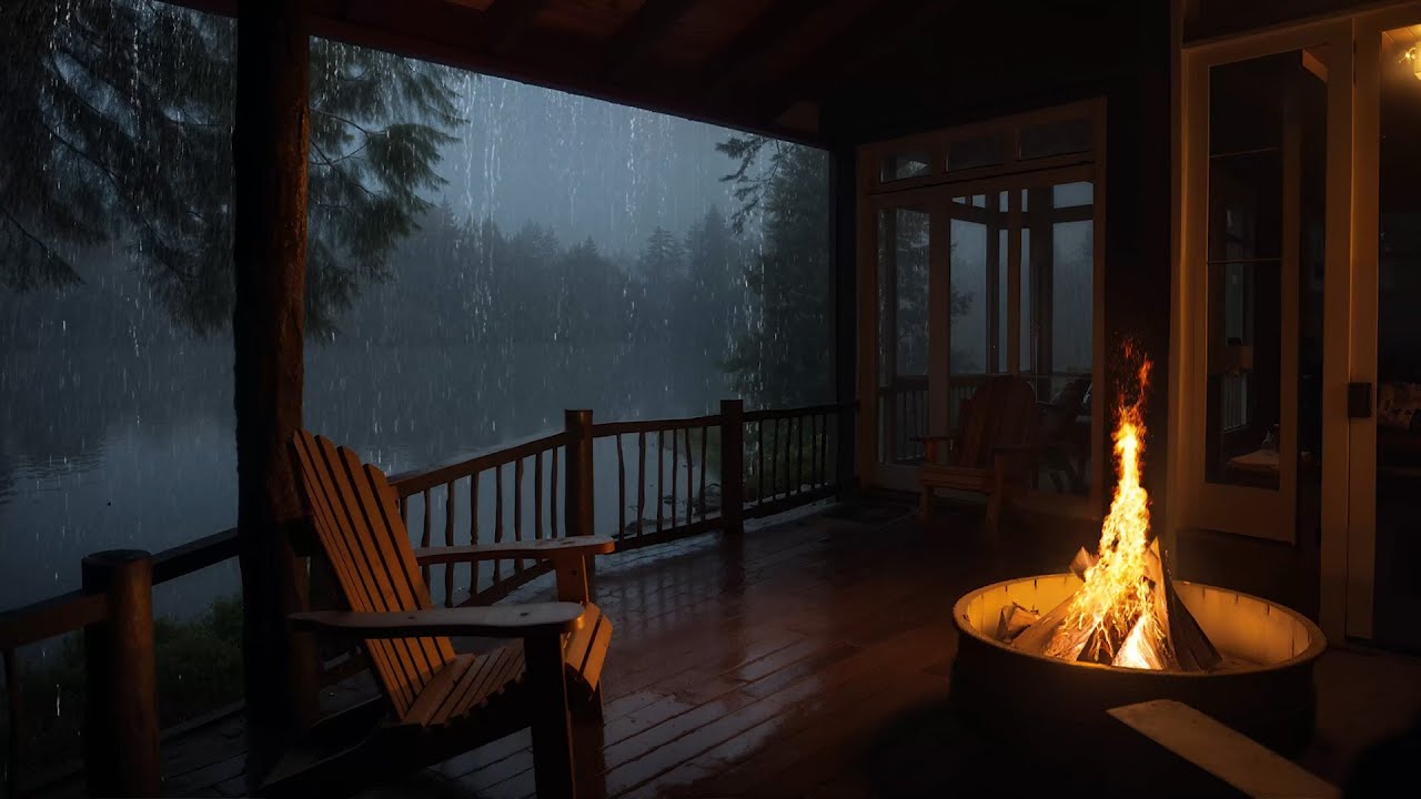 Perfect Rain Sounds for Anxiety Relief | Cabin Porch Fireplace & Peaceful Forest Ambience