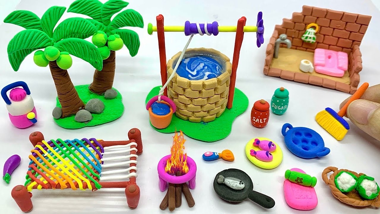 DIY How To Make Polymer Clay Miniature House, Kitchen set, Water Well ...