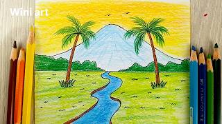 رسم سهل | رسم منظر طبيعي بسيط بالالوان الخشبية خطوة بخطوة للمبتدئين  / رسم غروب | رسم 🎨