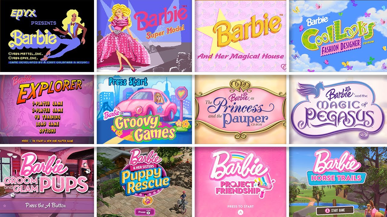 Эволюция заставки на стартовом экране игр про Барби (1985–2025)